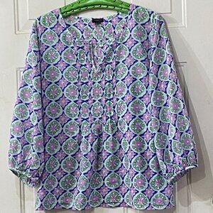 Talbots Sz L Womens Pintuck Blouse 3/4 Sleeve Split Neck Multi Floral Pintuck